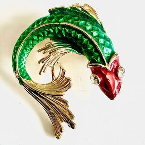 Vintage Koi Fish Brooch Green Red Gold Enamel Rhinestone Statement Pin Retro